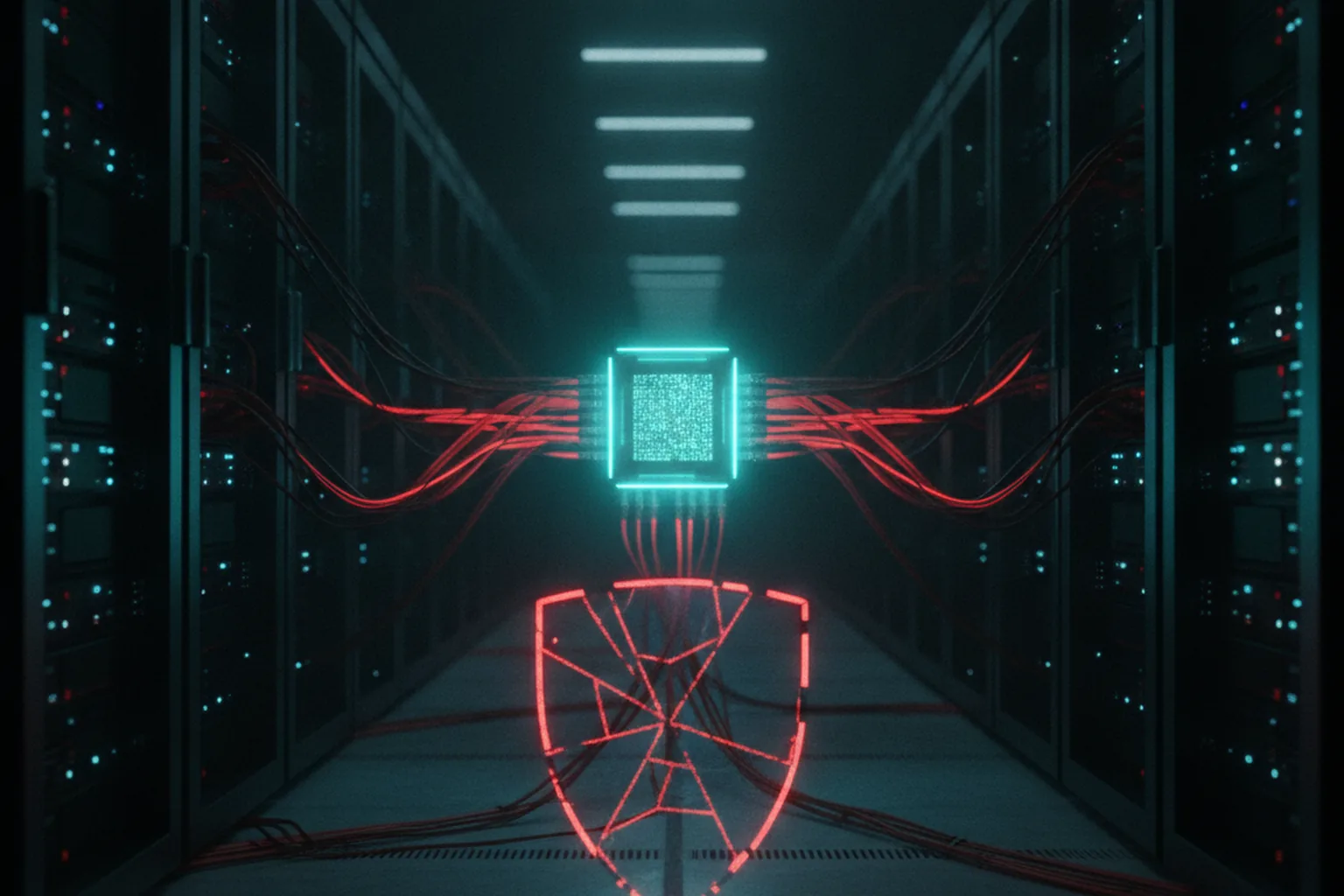 A dark data center with rows of Linux servers and a glowing kernel core, red warning pulses traveling along network cables toward a cracked shield, illustrating actively exploited kernel vulnerabilities