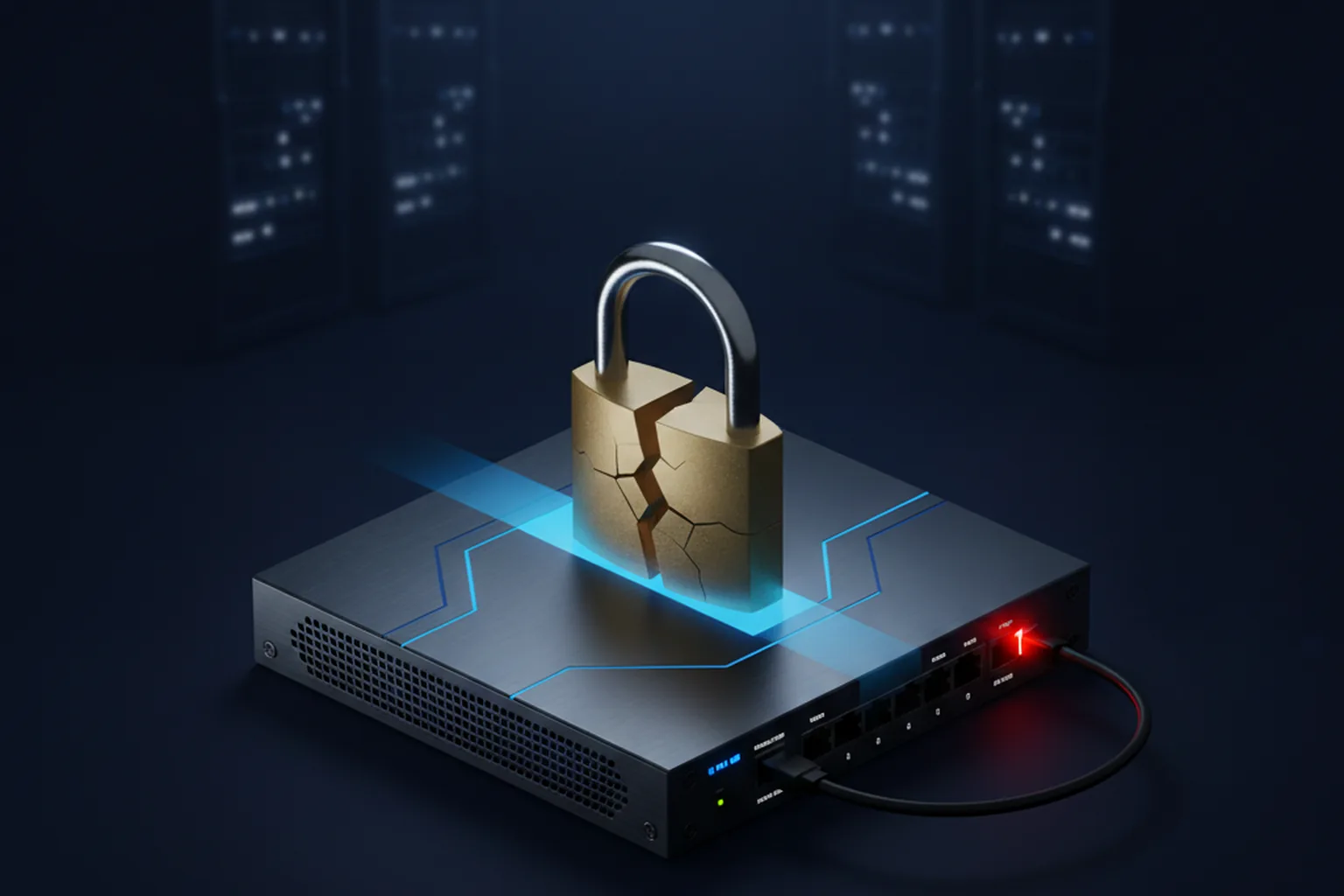 Isometric illustration of an enterprise firewall appliance with a cracked padlock on a glowing blue VPN tunnel and a red alert light, deep navy background, representing an exploited SSL VPN vulnerability