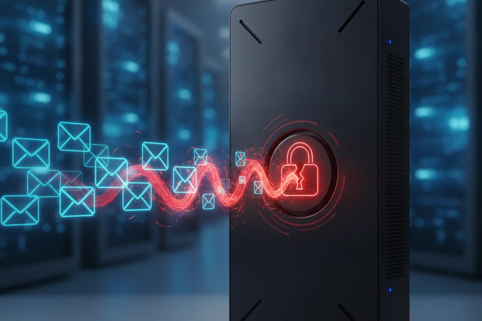 A dark data center email security appliance with a stream of email packets flowing in, one payload glowing red as it reaches a broken padlock, illustrating a crafted email that compromises the gateway