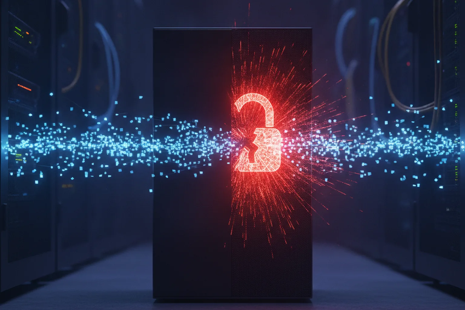 An enterprise network access-control appliance in a dark data center with identity tokens streaming through it and a broken padlock glowing red, illustrating an authentication bypass at the identity chokepoint