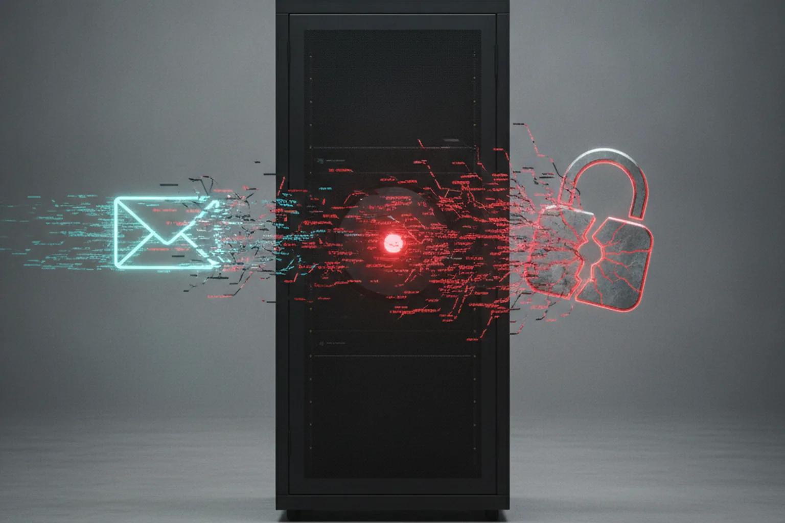 An enterprise server rack holding an email-security appliance, with a glowing envelope streaming malicious code into it and a cracked padlock beside a red breach glow
