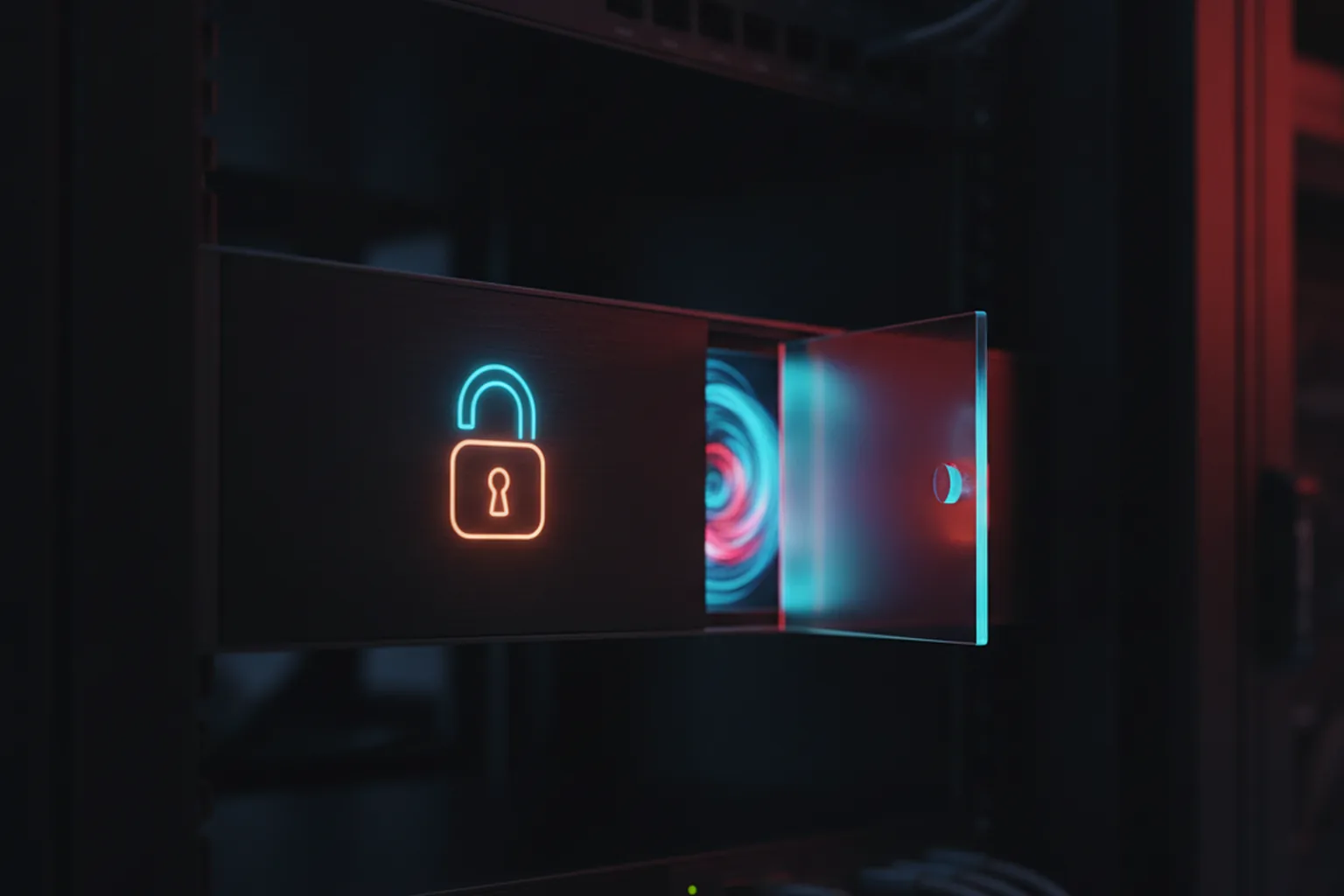 An open padlock glowing beside a translucent gateway door swinging open on a dark network appliance lit red and cyan, representing an authentication-bypass flaw on a VPN gateway