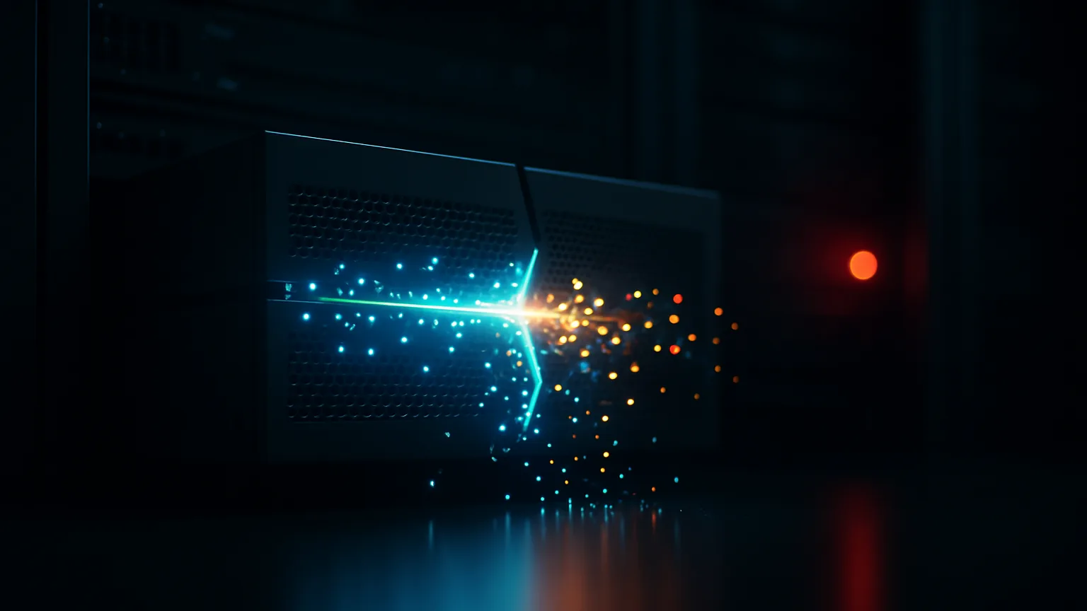 A network security appliance in a dark data-center rack with a cracked seam leaking streams of glowing data bytes, a red warning light nearby, illustrating a memory-disclosure vulnerability