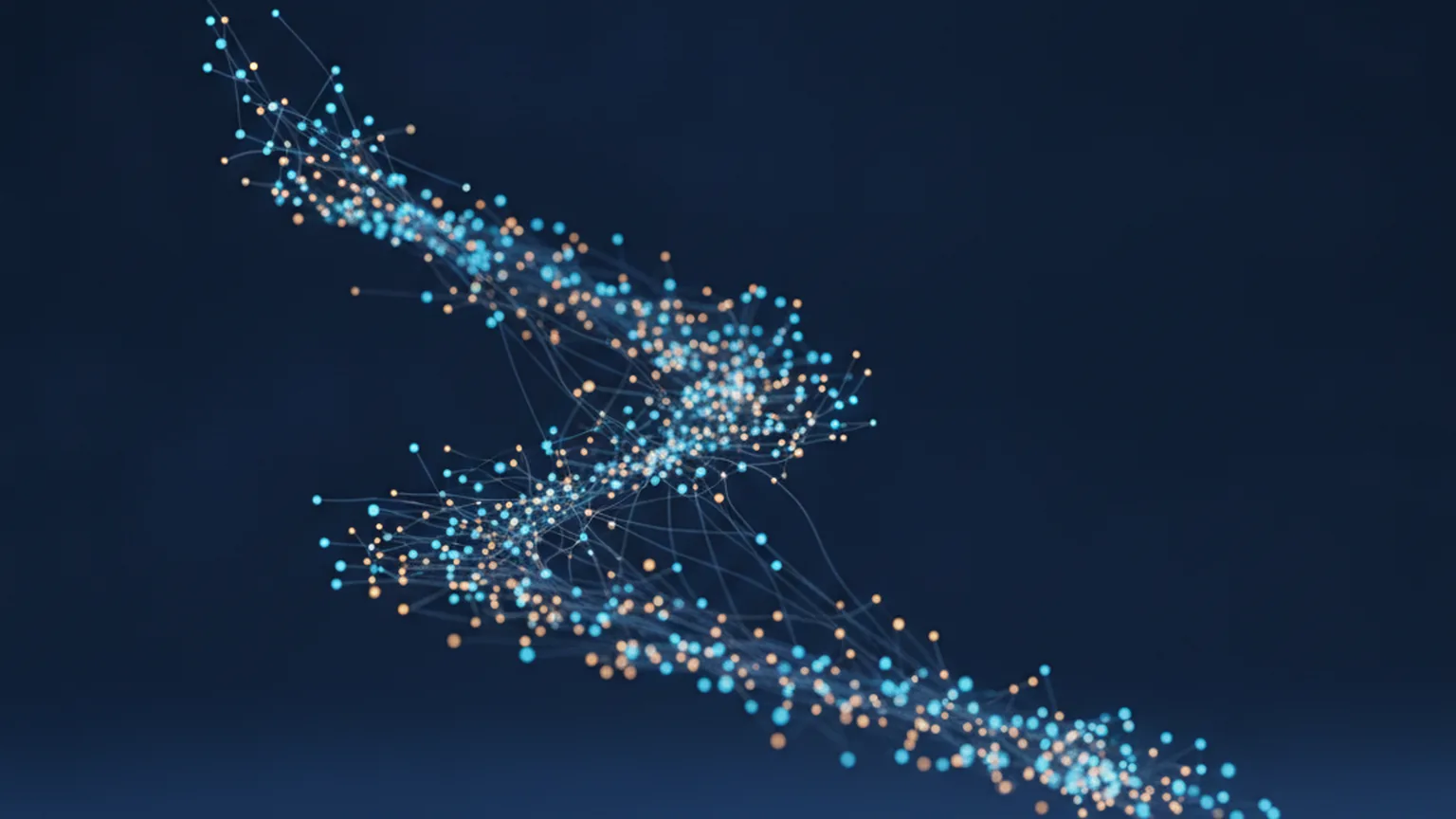Abstract network of glowing interconnected nodes and flowing data streams in blue and amber on a deep navy background, suggesting many small autonomous software agents