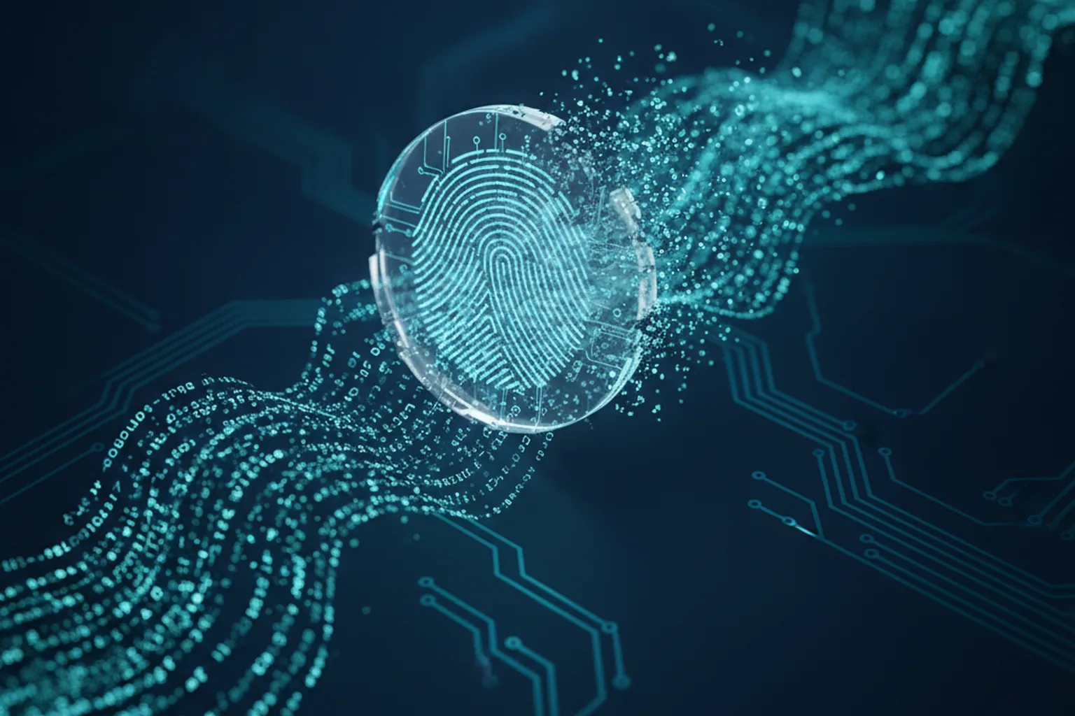 Translucent digital fingerprint stamp dissolving into glowing cyan data streams over a dark navy circuit board background representing invisible AI content watermarking