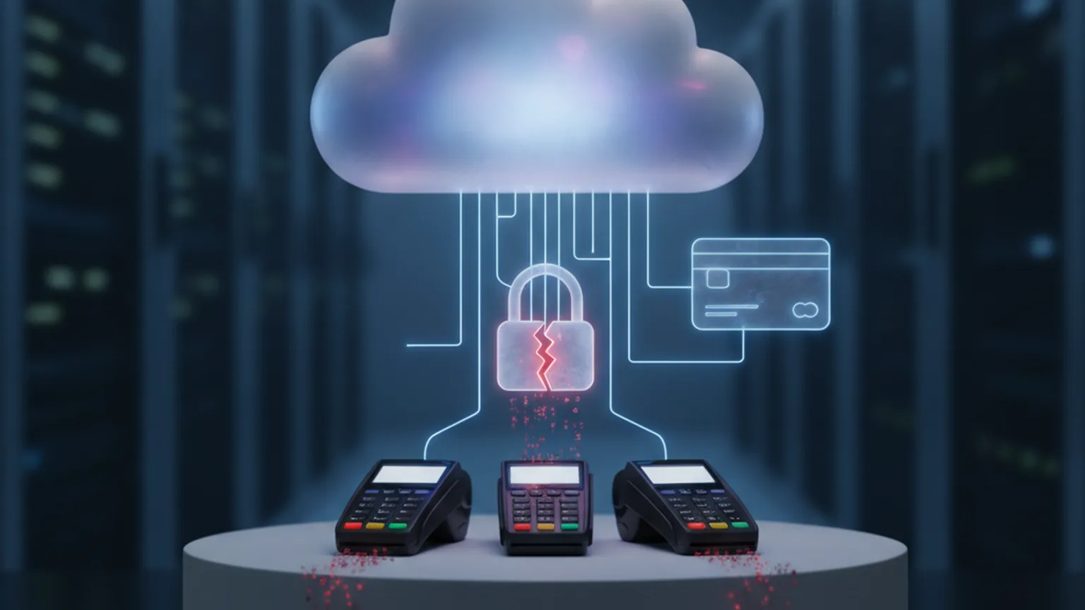 A glowing cloud icon linked to payment card terminals and a bank card with a broken padlock leaking red data, illustrating a cloud-account breach at a payments company