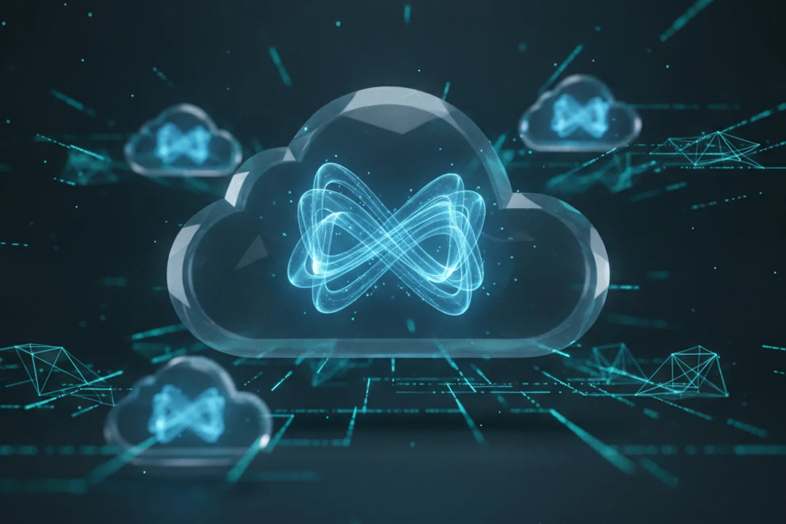 Abstract cloud computing nodes connected by glowing cyan data streams representing lightweight distributed browser infrastructure for AI agents