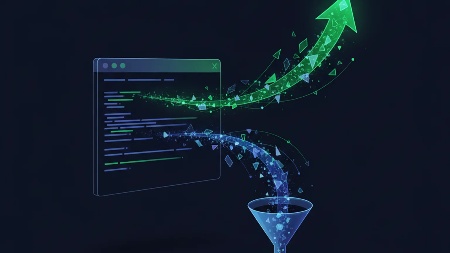A terminal window streaming code that splits into a green upward path signalling low price and a blue path draining into a data collection funnel