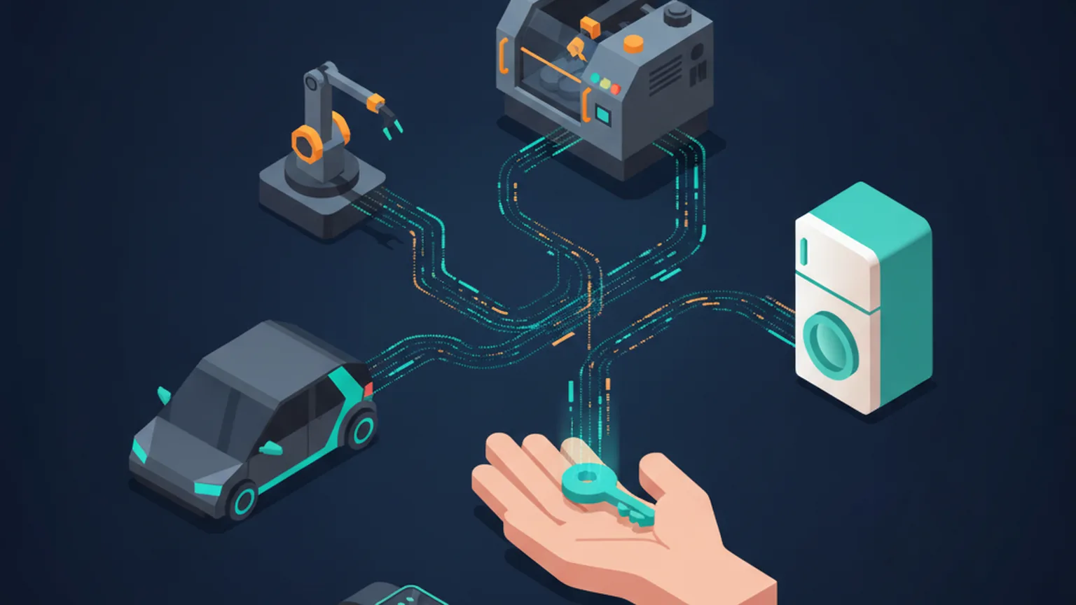 Isometric illustration of a smart car, industrial robot arm, machine and home appliance emitting data streams into an open hand holding a key, representing users gaining direct access to connected-product data under the EU Data Act