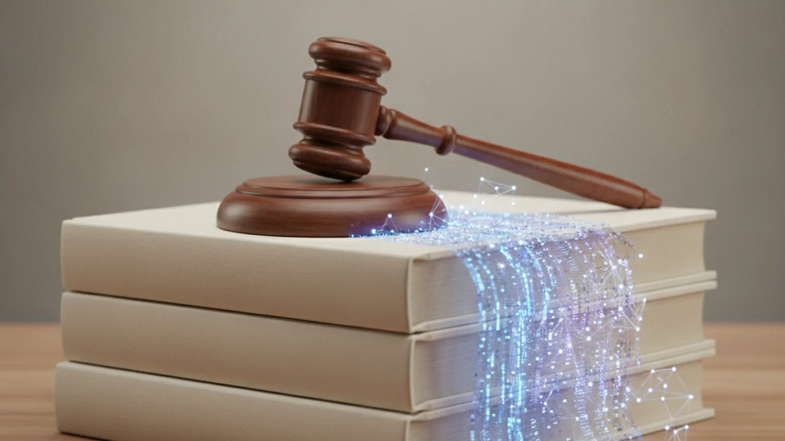 A wooden judge's gavel resting on a stack of books with digital data streams flowing from the pages, illustrating a copyright settlement over AI training data