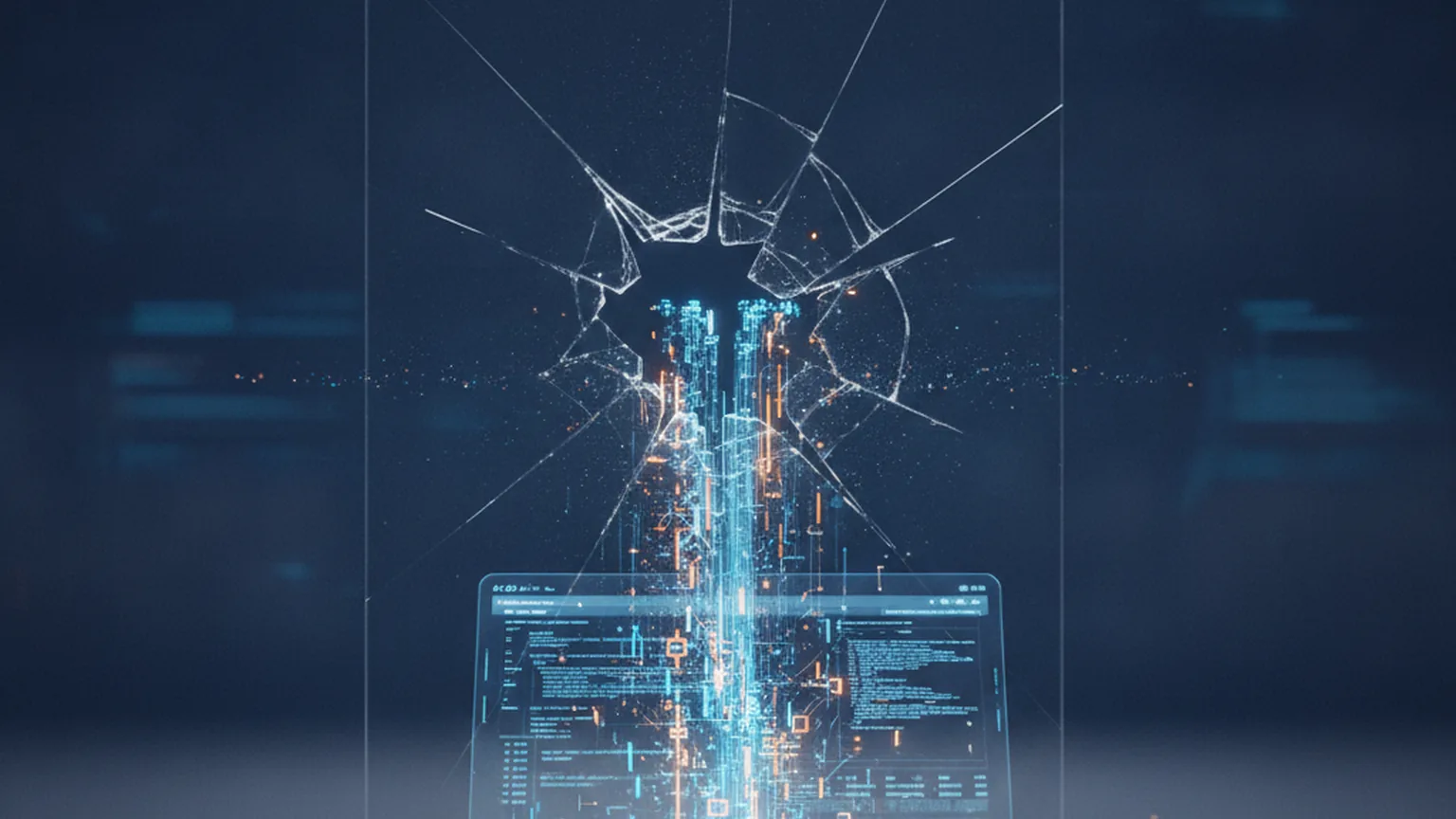 A floating code-editor window with a cracked glass sandbox barrier and a stream of data leaking out toward a terminal prompt, in blue and amber on a deep navy background