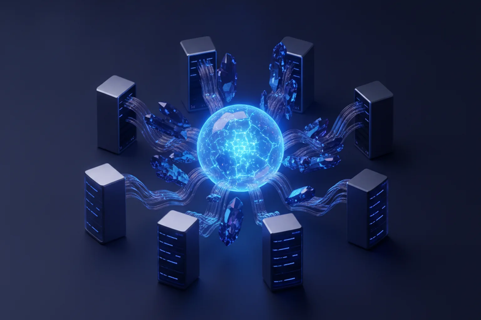 Isometric illustration of a glowing AI model core with mixture-of-experts shards connected to private server racks via data streams, deep navy background