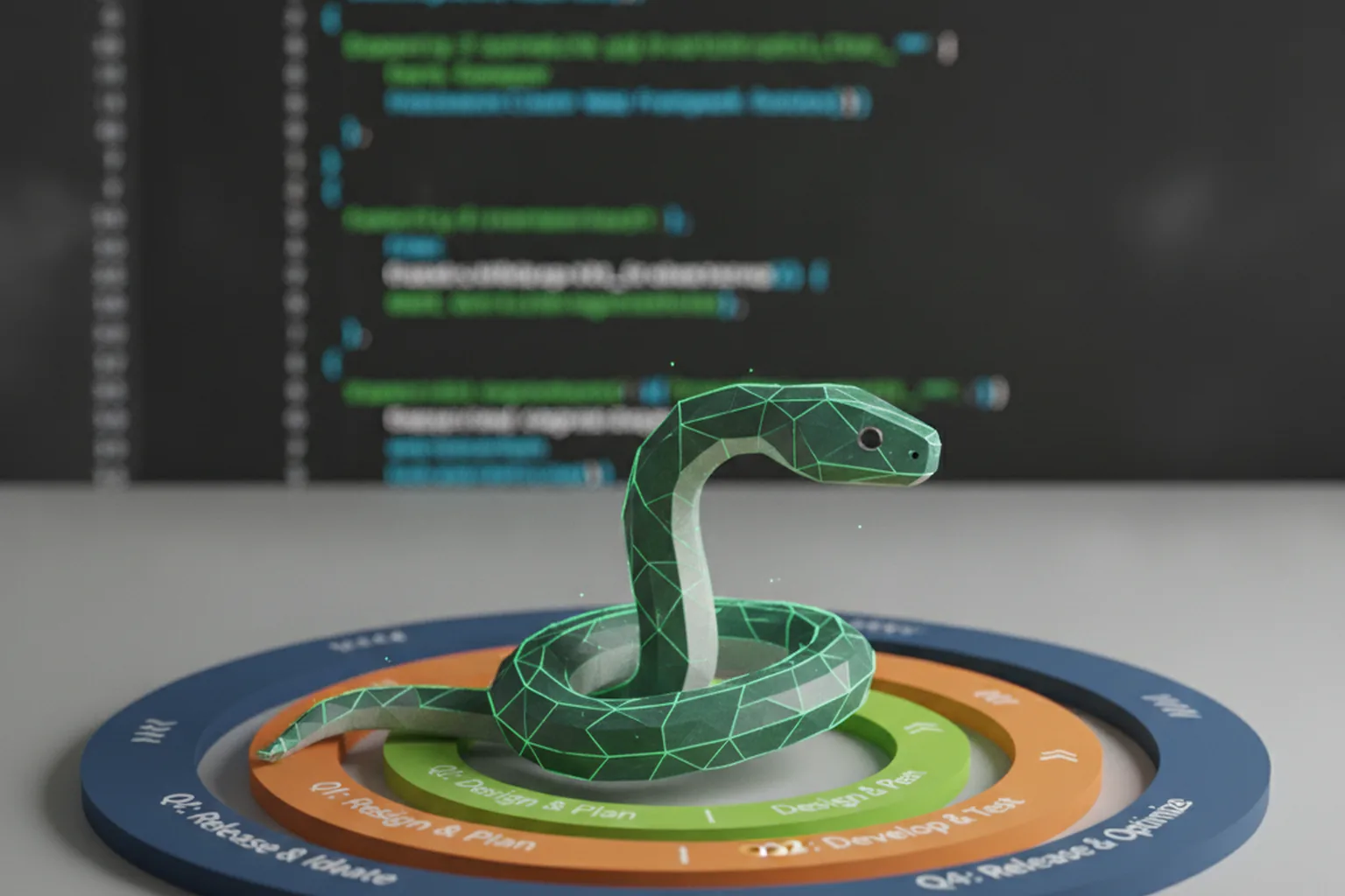 Geometric green snake on annual release cycle diagram with dark mode code editor, representing Python web framework versioning change