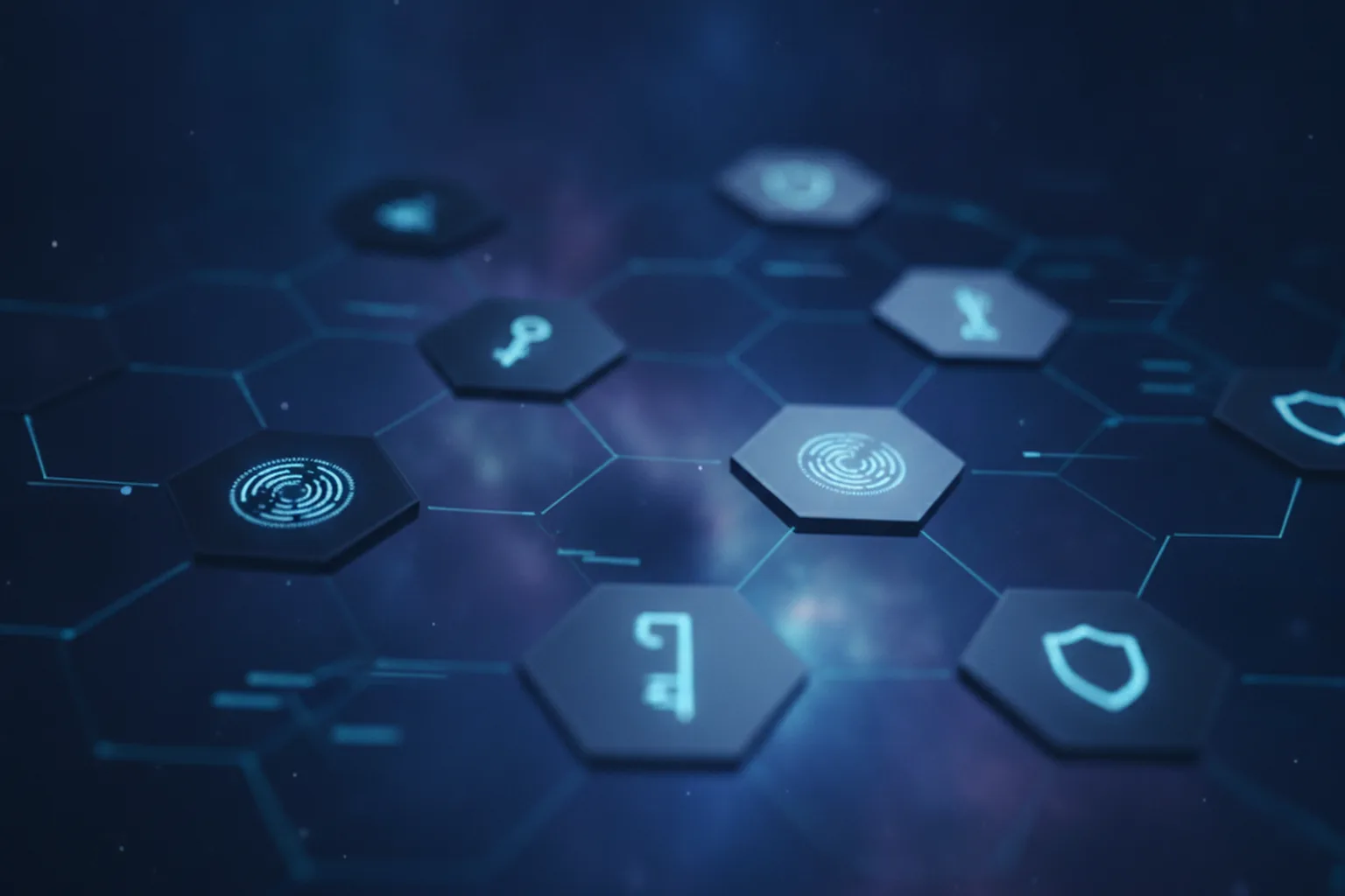 Dark blue hexagonal cybersecurity panel with authentication keys and shield icons representing cloud identity access management