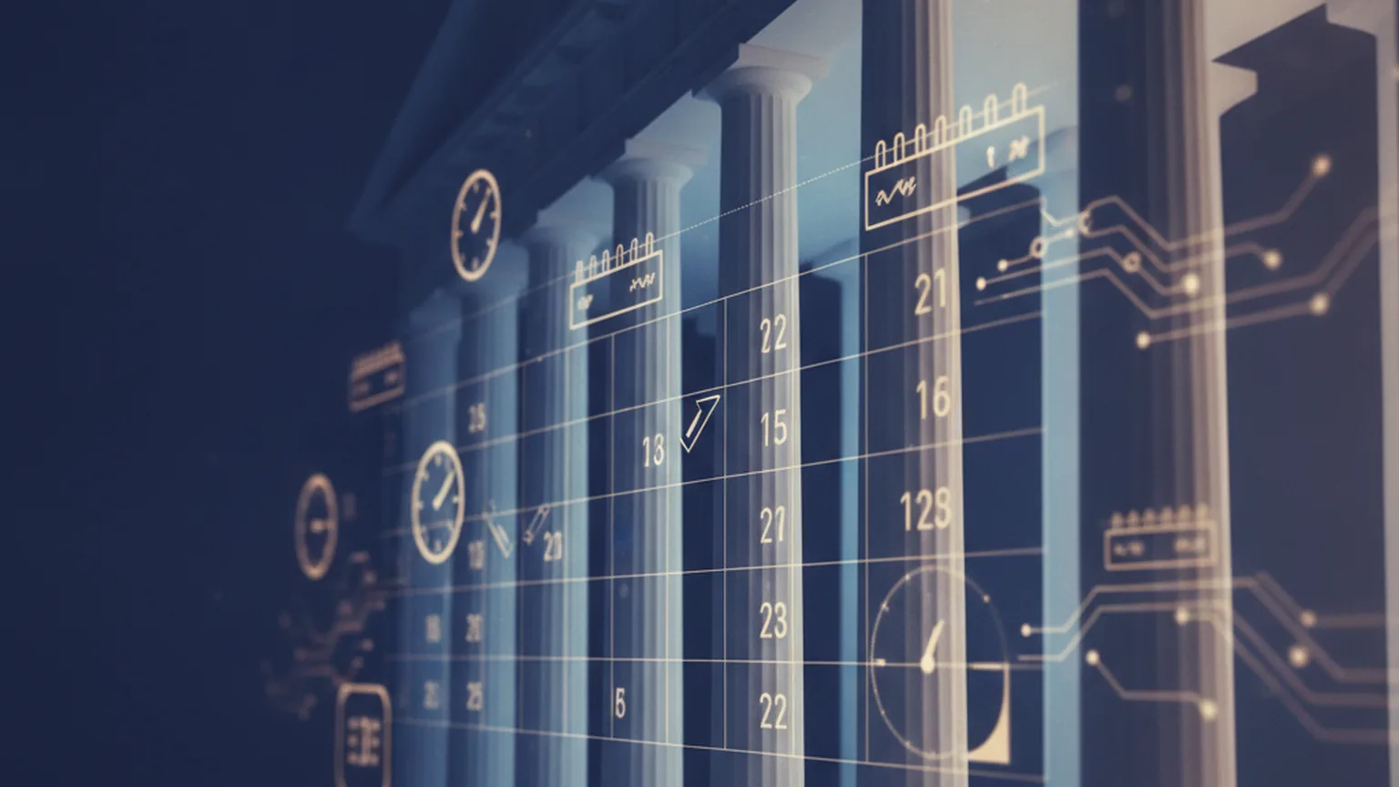 Classical institutional columns overlaid with a glowing calendar grid, clock faces and circuit-board lines in blue and amber on a deep navy background, suggesting a shifting regulatory timeline