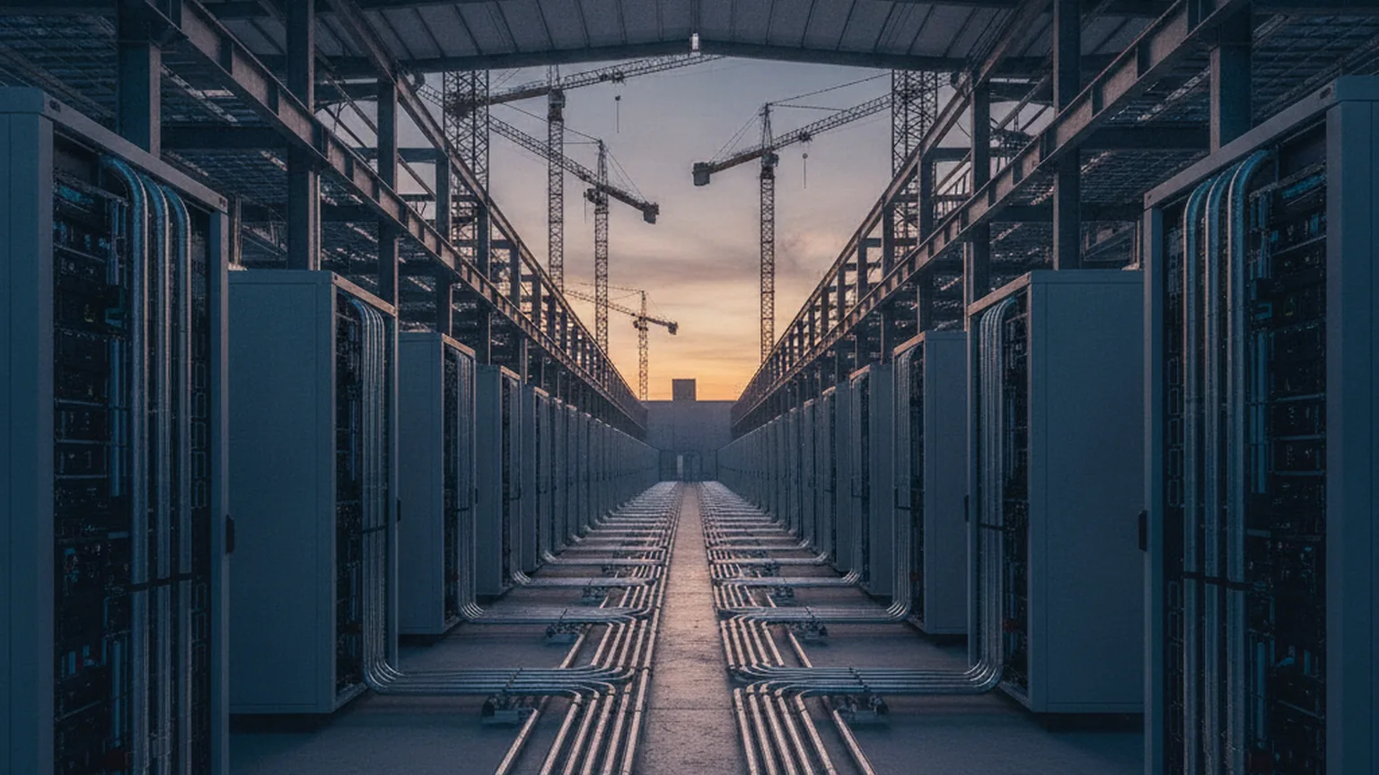 A large AI data centre under construction in Europe at dusk, long rows of server racks and cooling pipes receding to the horizon under steel framework and construction cranes