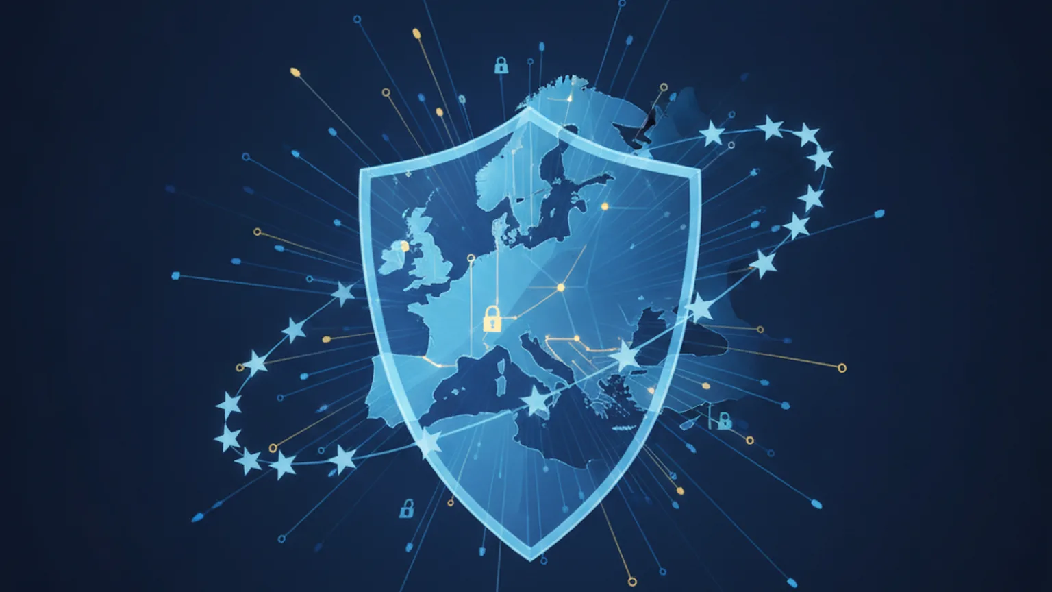 Translucent shield over an abstract map of Europe ringed by stars and woven with circuit lines and padlock icons in blue and gold, illustrating EU cybersecurity and AI policy