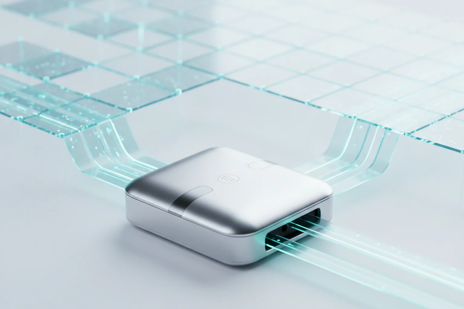 A connected device on a clean surface emitting translucent teal data streams that flow into an open, structured grid of data cells, representing access-by-design data export from a connected product
