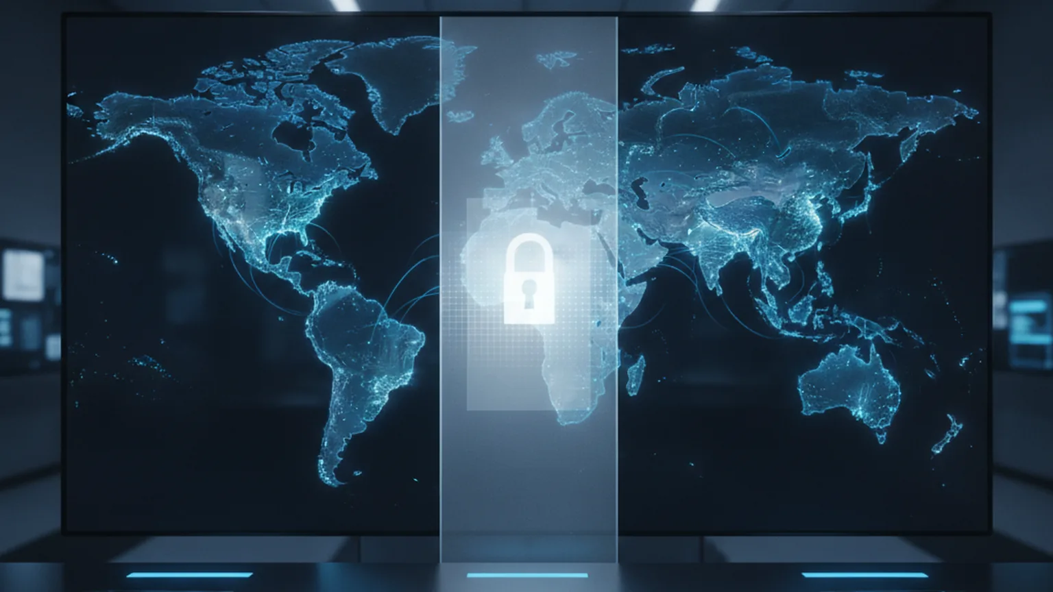A world network map on a control-room screen where most regions pulse with active data streams while the European region sits behind a translucent locked barrier, illustrating a frontier model available everywhere except the EU
