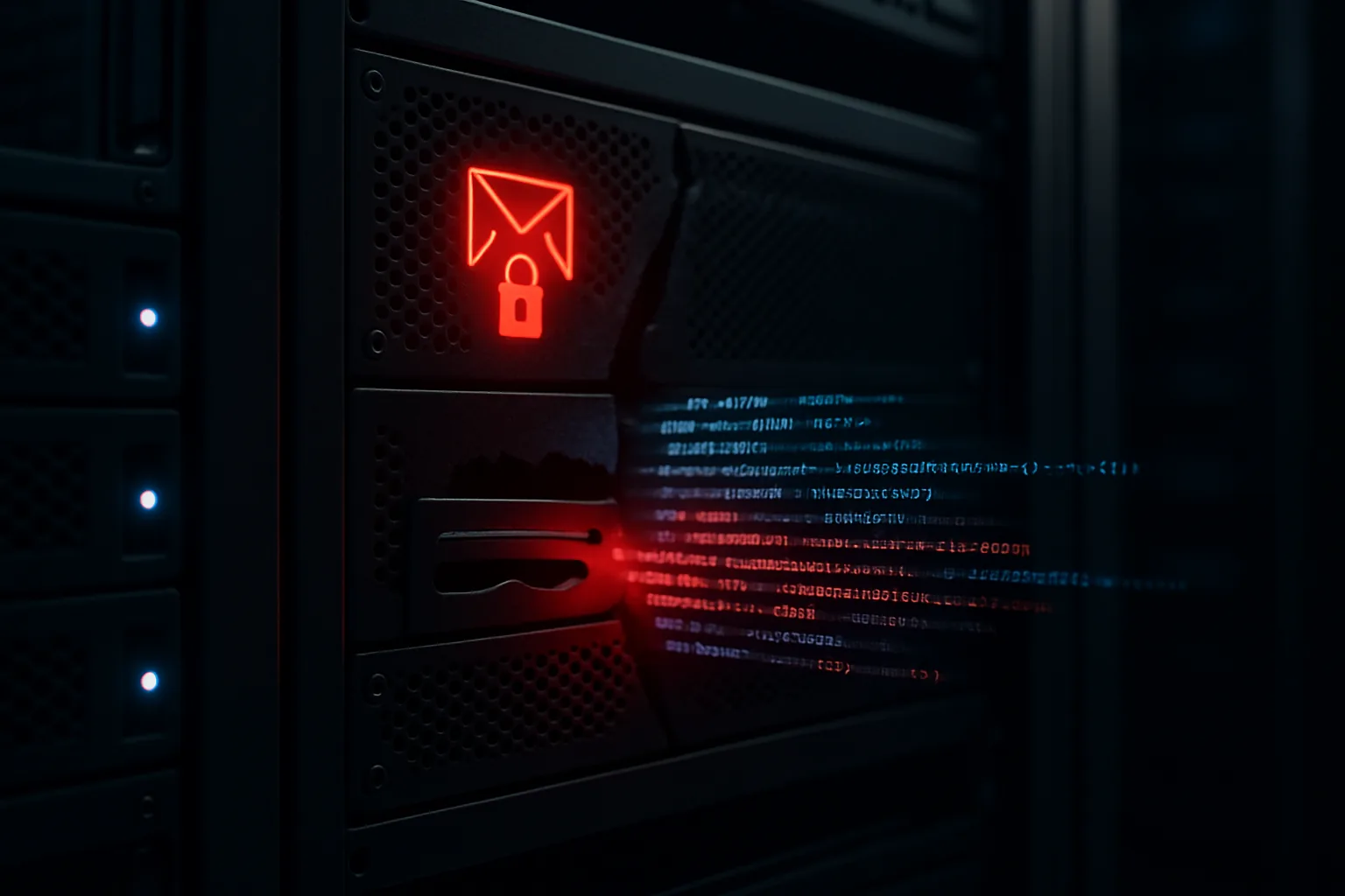 Enterprise email server in a dark data center with a glowing red warning icon and broken padlock, representing the Microsoft Exchange CVE-2026-62911 authentication bypass vulnerability