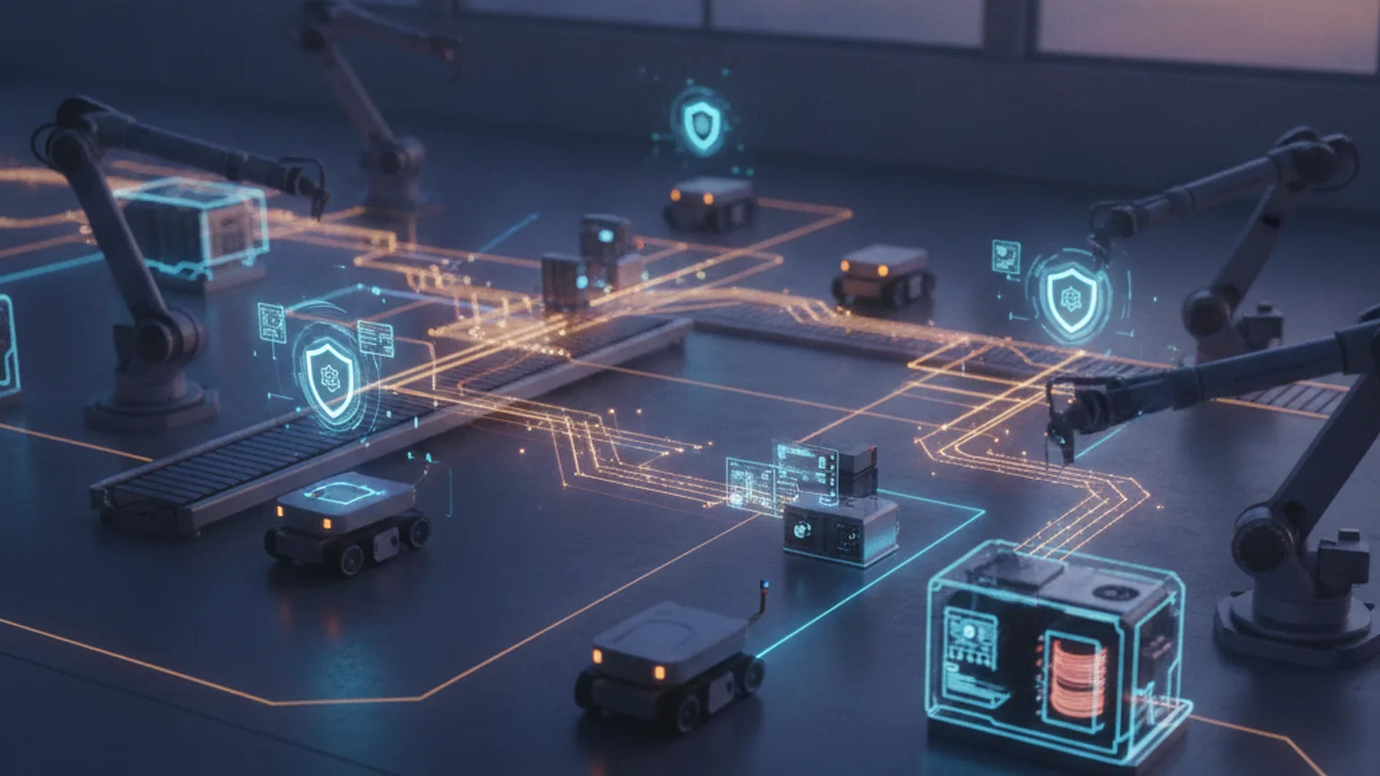 Reparto di fabbrica automatizzato con bracci robotici, veicoli autonomi e macchinari collegati da flussi di dati luminosi e scudi di sicurezza, a simboleggiare la protezione del firmware dei dispositivi connessi