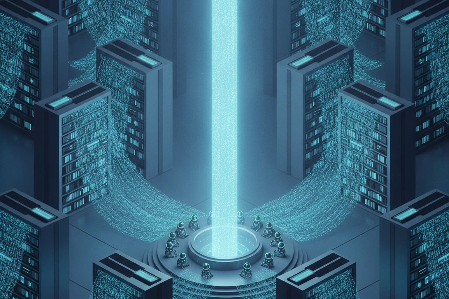 A digital library hall where streams of data flow from many labeled archive shelves into a single central conduit feeding small autonomous agents, illustrating one unified data layer for AI agents