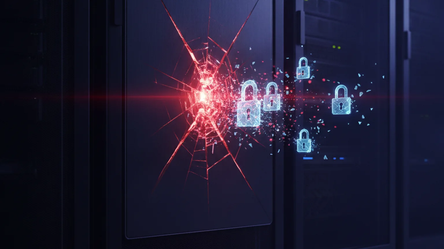 A firewall appliance in a server rack with a cracked panel leaking red light while glowing padlock icons dissolve into fragments, illustrating stolen firewall credentials feeding ransomware
