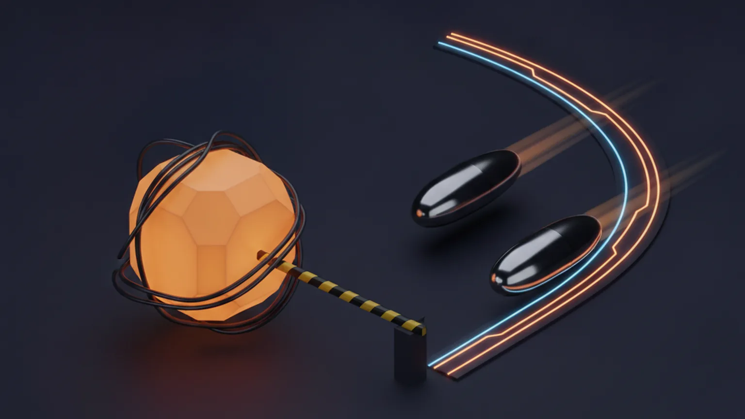 Isometric illustration of a large glowing AI-model core held behind a striped barrier gate while two small pods race ahead along amber and blue light tracks, on a deep navy background