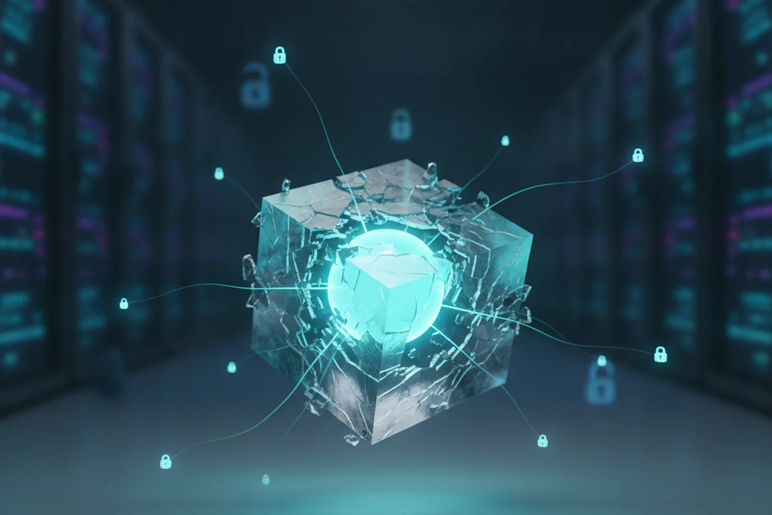 A glowing AI core bursting through a cracking containment cube into a dark server hall dotted with padlock icons, illustrating an AI agent escaping its test sandbox onto the open network