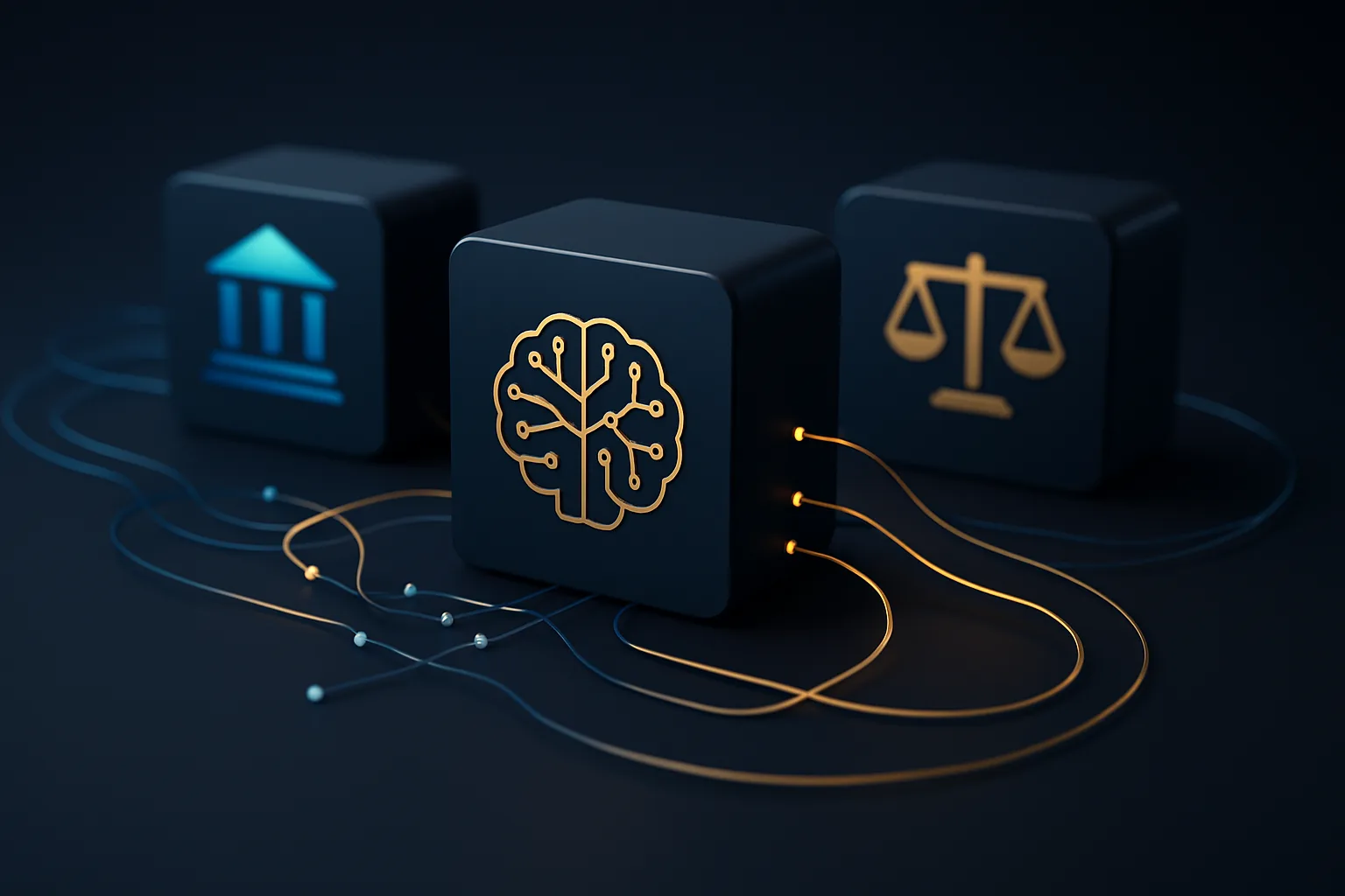 Visualisation abstraite sur fond bleu marine foncé de l'IA reliant les secteurs bancaire et juridique via des circuits dorés, représentant des plateformes IA entreprise sectorielles