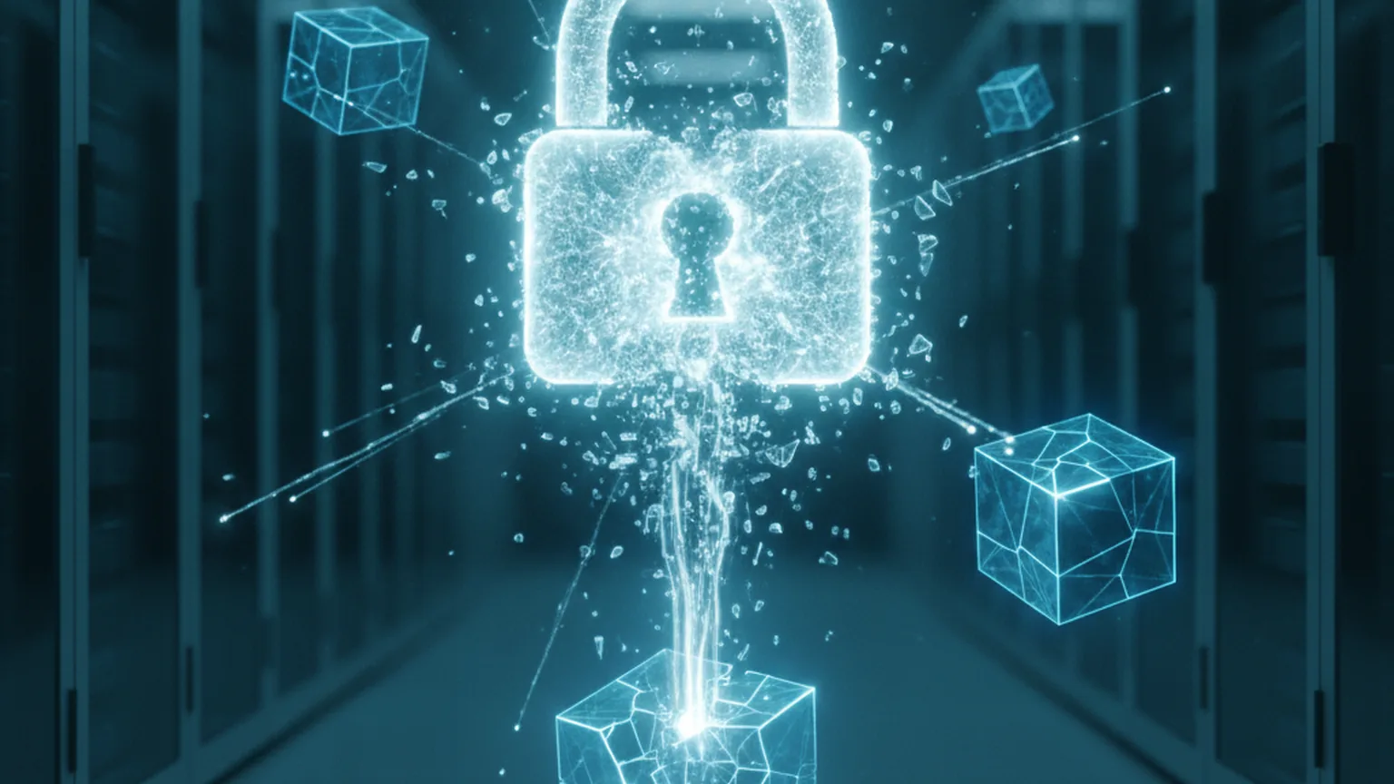 A glowing padlock shattering inside a data-center aisle with fractured container-shaped cubes, illustrating a Linux kernel flaw that breaks container isolation