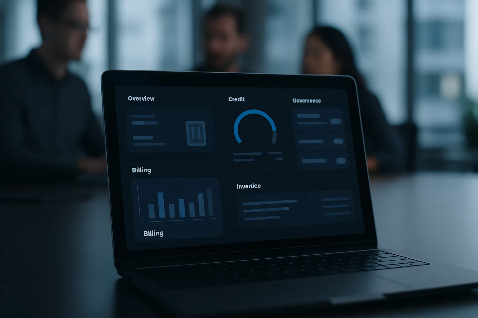 Enterprise-Software-Abrechnungs-Dashboard mit Credit-Metern und Governance-Steuerelementen auf einem Laptop-Bildschirm &mdash; symbolisiert GitHubs Copilot-Billing-Reset im September 2026