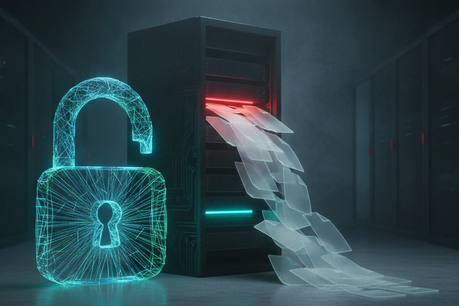 An open padlock beside translucent server-file documents spilling out of a dark server rack lit red and cyan, representing an unauthenticated file-read flaw on a source-code server