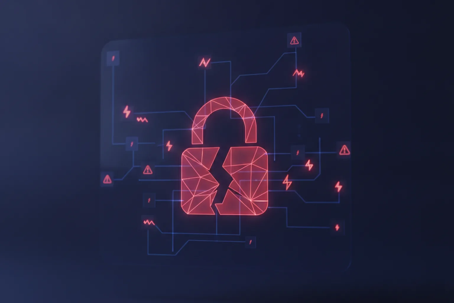 Abstract dark security illustration showing a broken red padlock over circuit board lines with warning indicators on a navy background representing a critical GitLab vulnerability