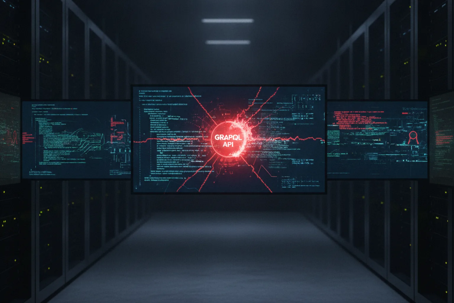 Dark server room with screens displaying red attack-pattern overlays on a GraphQL API node, representing an unauthenticated code-injection breach