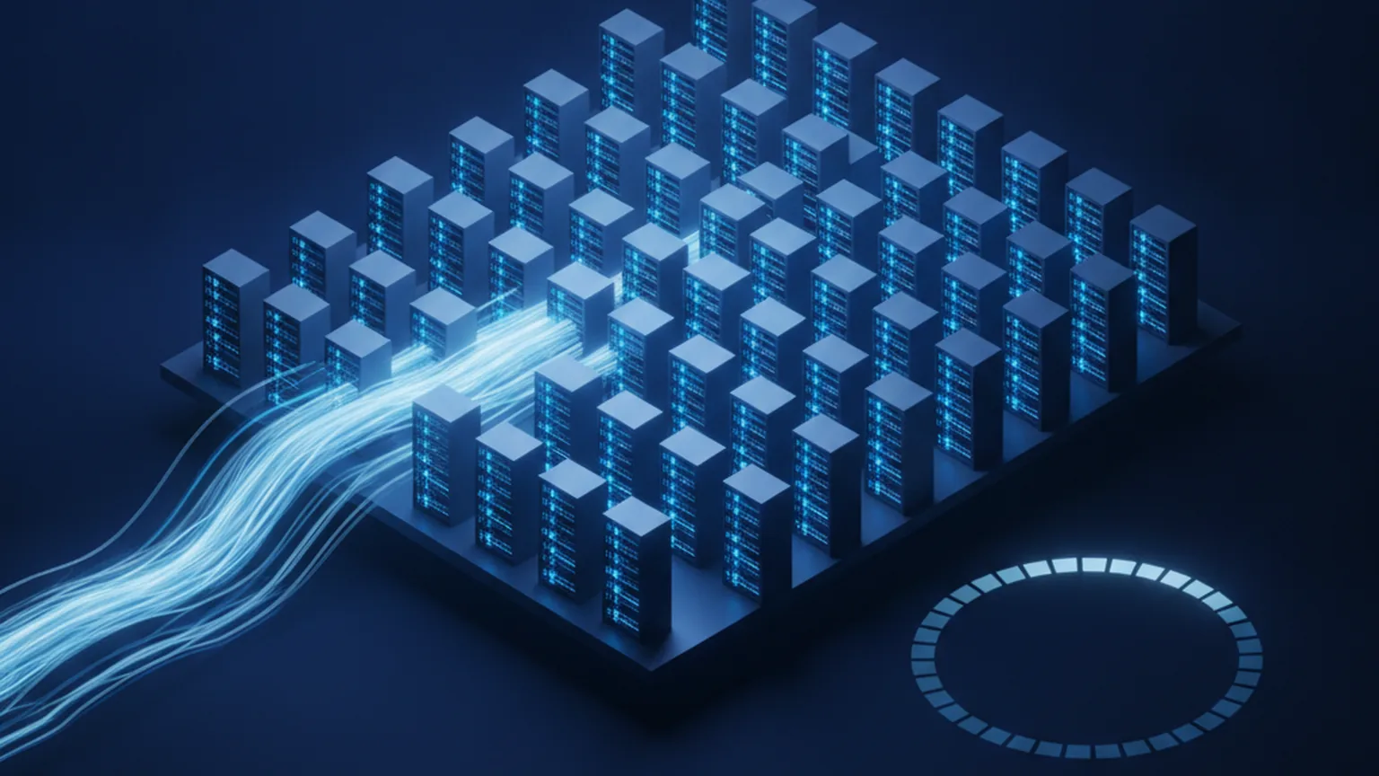 Isometric illustration of a large grid of glowing blue server racks at full capacity with bright streams of light flowing in from the left and a nearly-full circular gauge on the right, on a deep navy background