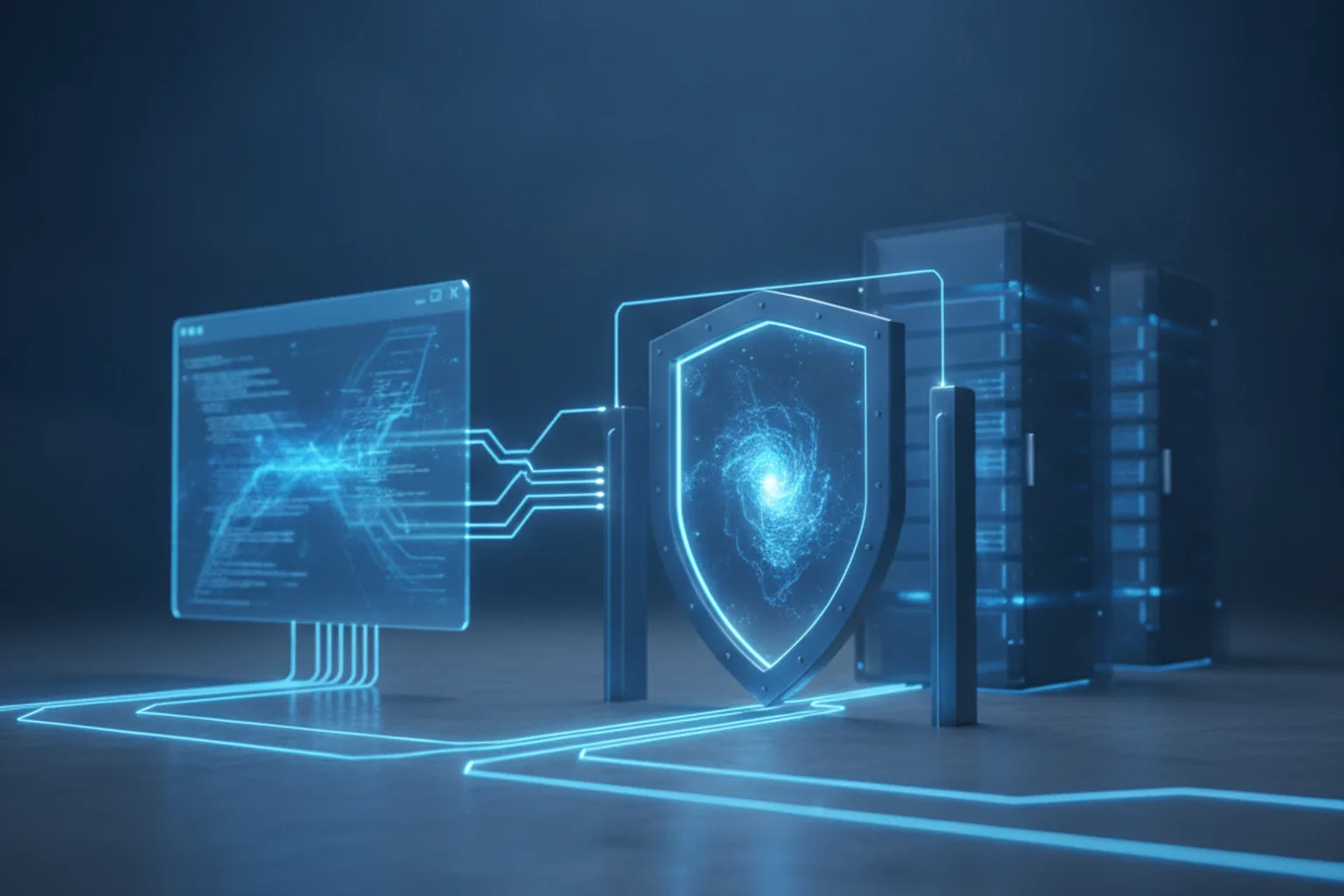 Ein Entwickler-Terminalfenster, das über leuchtende Leitungen durch ein schildförmiges Leitplanken-Tor mit Reihen von Cloud-Server-Racks in einem dunklen Rechenzentrum verbunden ist
