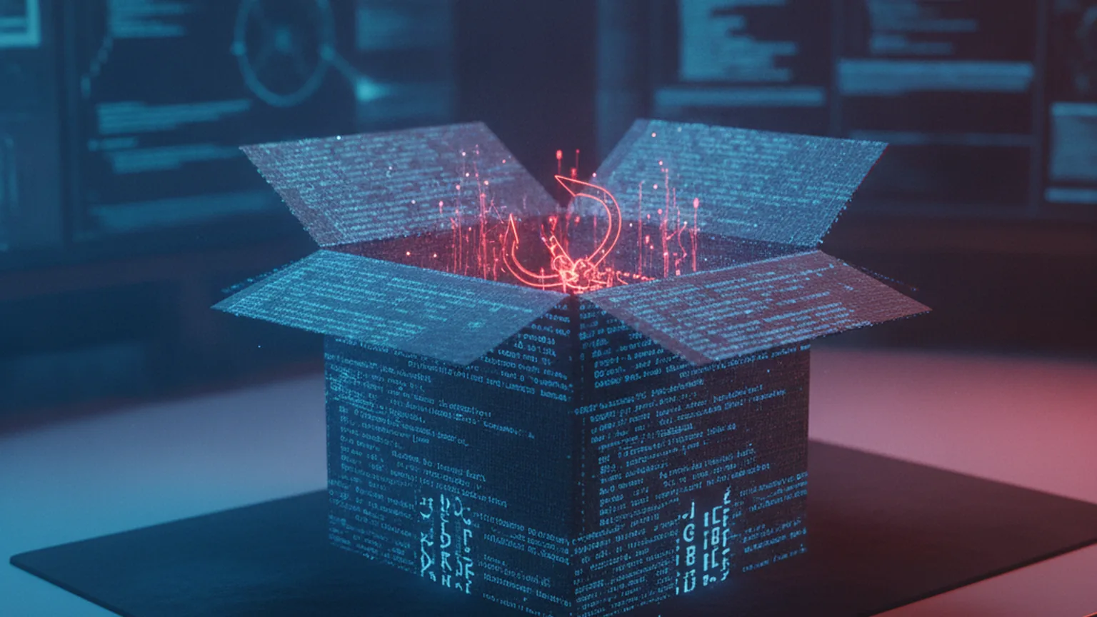 An open shipping parcel made of glowing source code with a hidden red malicious hook concealed inside, illustrating a trojanized software package on a developer desk