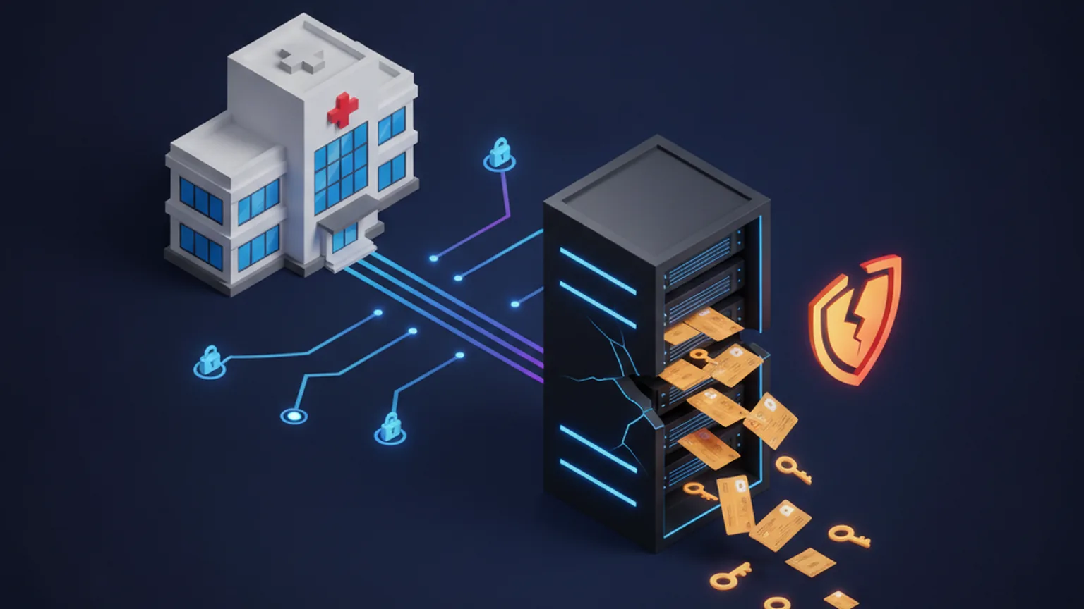 Isometric illustration of a hospital linked by glowing cables to a cracked server rack that leaks amber patient-record cards and keys into the dark, with padlock icons and a broken shield, on a deep navy background