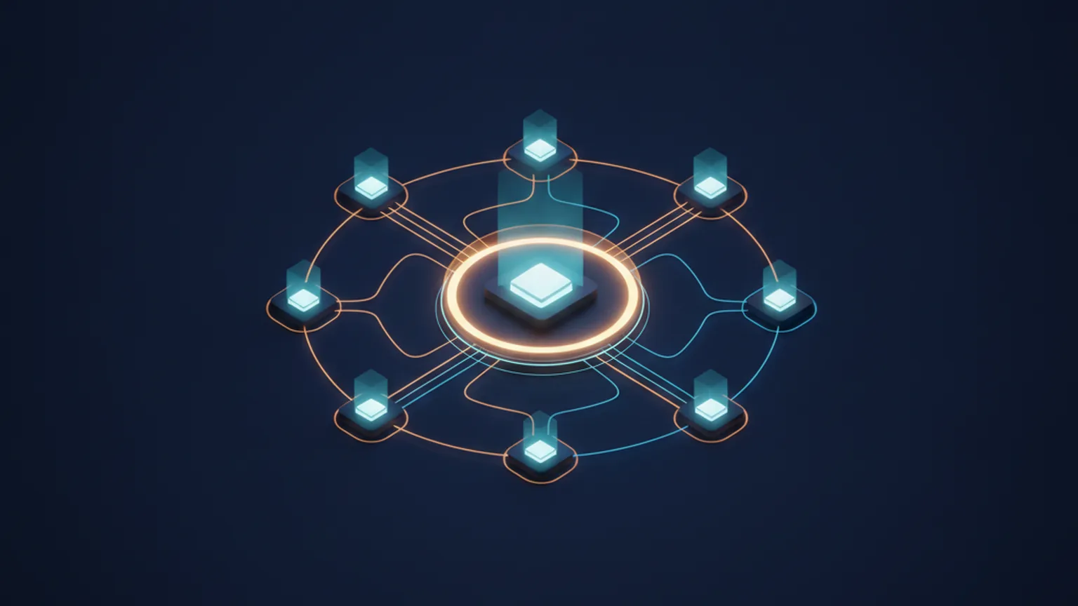 Isometric illustration of a glowing central console linked by amber and blue lines to several autonomous AI agent nodes arranged around a shared customer-data core, on a deep navy background
