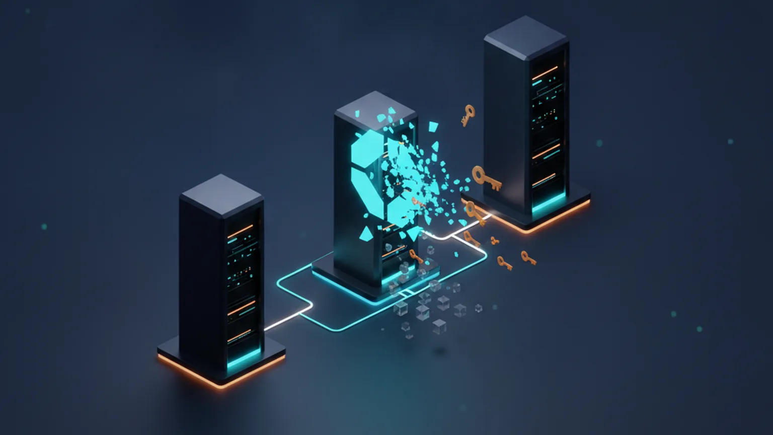Isometric illustration of three server racks in a data pipeline; the central node shatters with a bright breach glyph while amber credential keys leak away into the dark