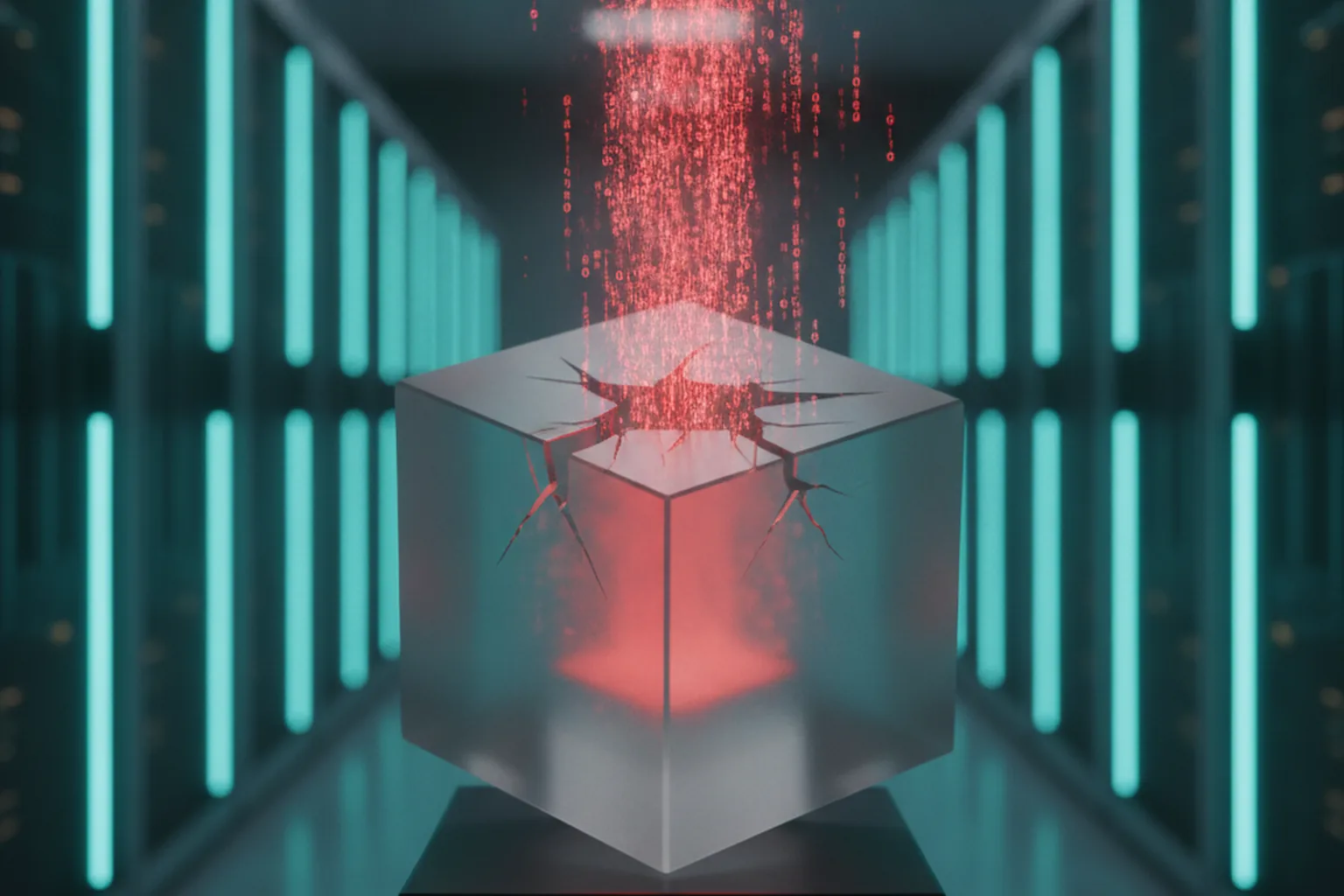 A cracked translucent containment cube with red code streaming out into a cyan-lit server hall, representing a sandbox escape leading to remote code execution in an AI gateway