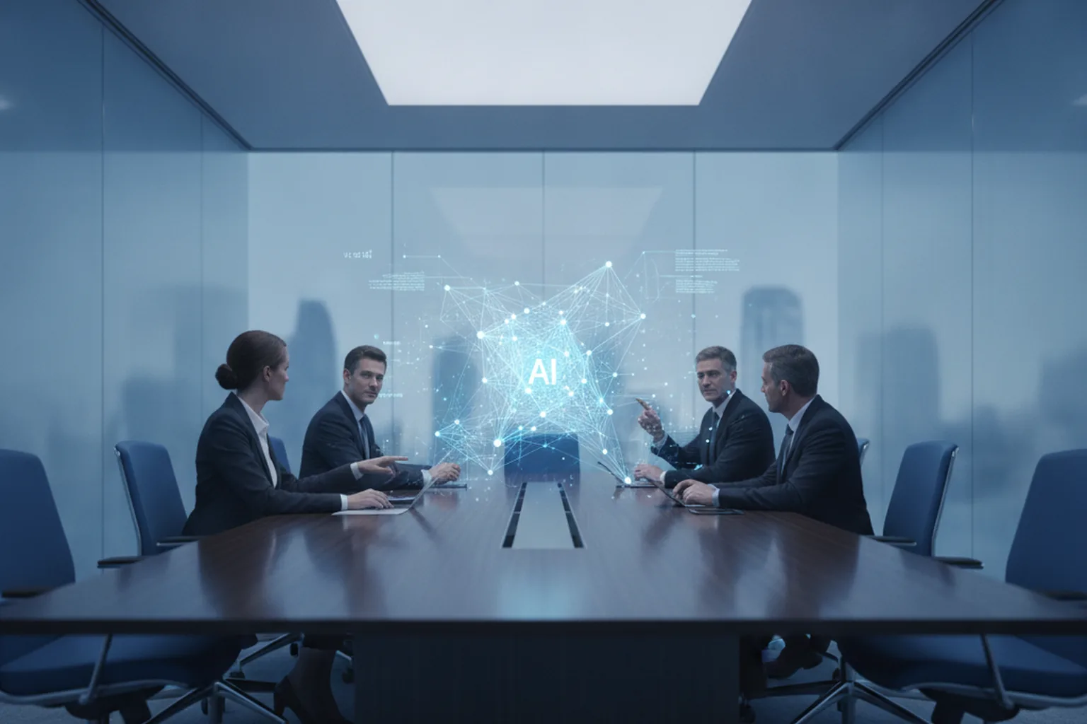 Enterprise executives in a boardroom with a holographic AI network visualization, representing the IBM and OpenAI strategic partnership
