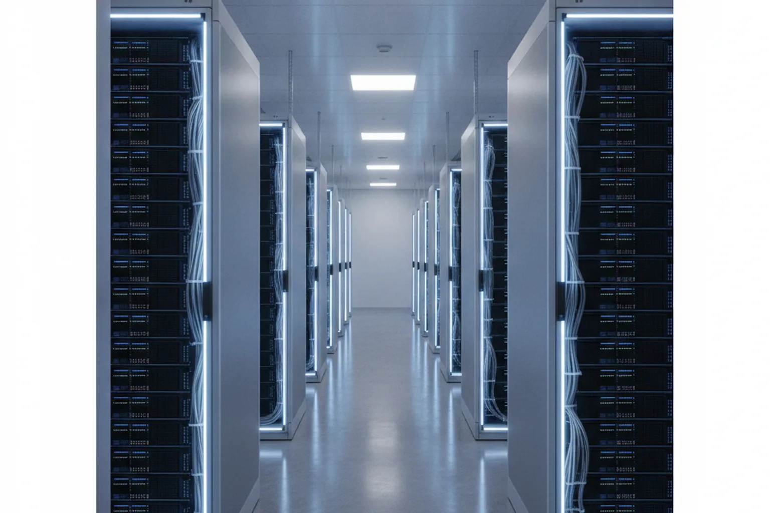 Modern data center corridor with GPU server racks illuminated by white LED strips, representing enterprise AI inference infrastructure