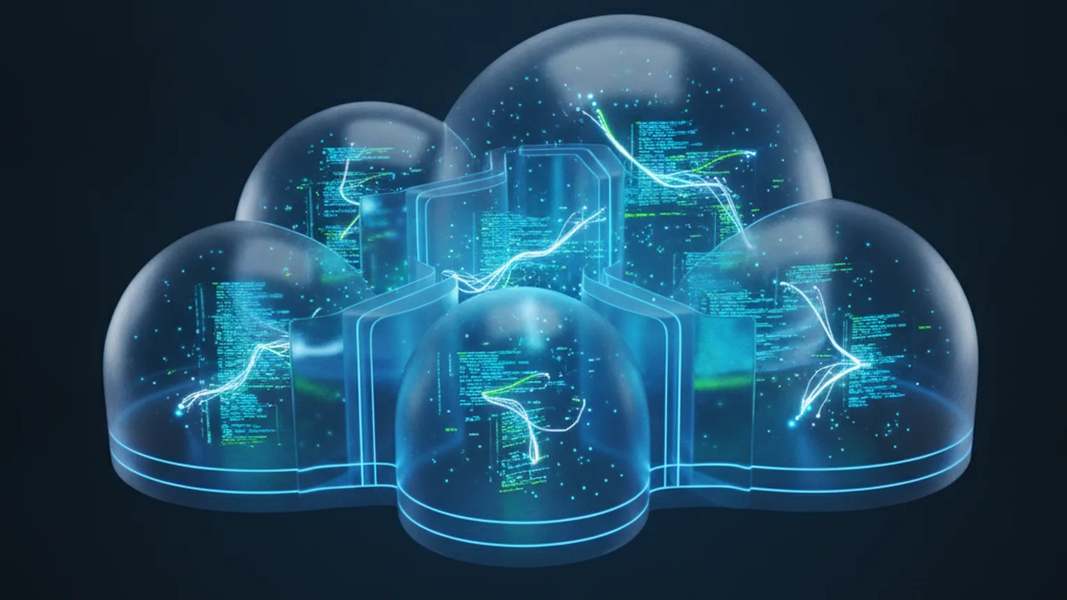 Multiple glowing isolated dome-shaped containment cells arranged inside a translucent cloud-shaped boundary, each holding streams of code, illustrating isolated sandbox execution in the cloud
