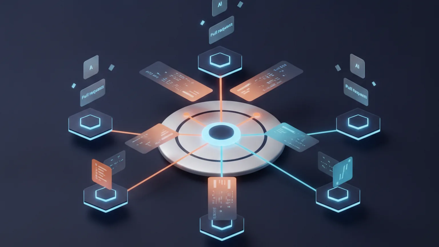 Isometric illustration of a central project-management board acting as an orchestration hub, dispatching kanban cards along amber and blue lines to several autonomous AI coding-agent nodes that emit pull-request tiles, on a deep navy background