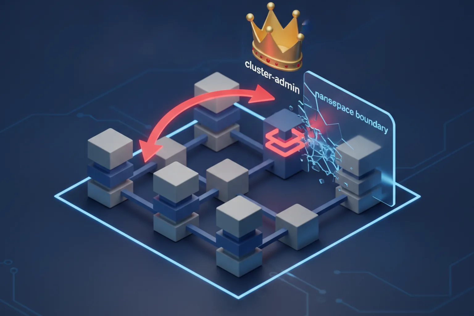 3D isometric Kubernetes cluster diagram with red privilege-escalation arrows breaking through a namespace boundary toward a cluster-admin crown
