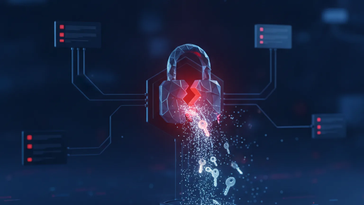 A broken padlock at the center of a node-based AI workflow with glowing keys and credential data leaking out, illustrating stolen secrets from an AI agent platform