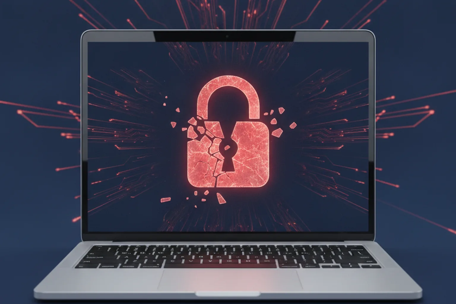 Laptop computer displaying a broken red padlock on a dark blue circuit-board background representing a critical macOS security vulnerability under active exploitation