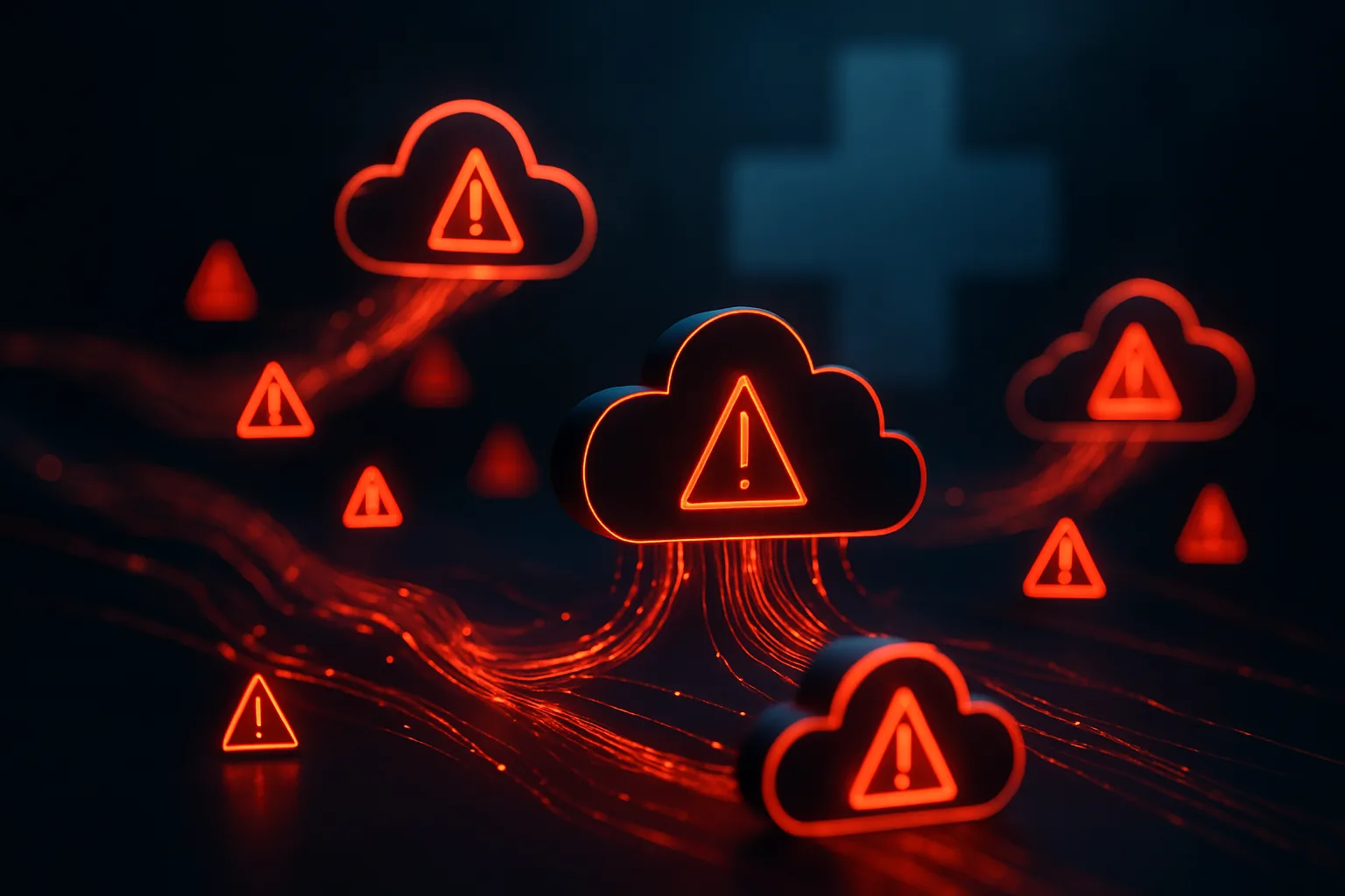 Red warning alert signals on cloud server nodes with a medical cross symbol, representing a healthcare cloud data breach
